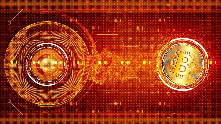 Particelle di matrice digitale astratte, bitcoin, tecnologia di valuta digitale, sfondo animato.
