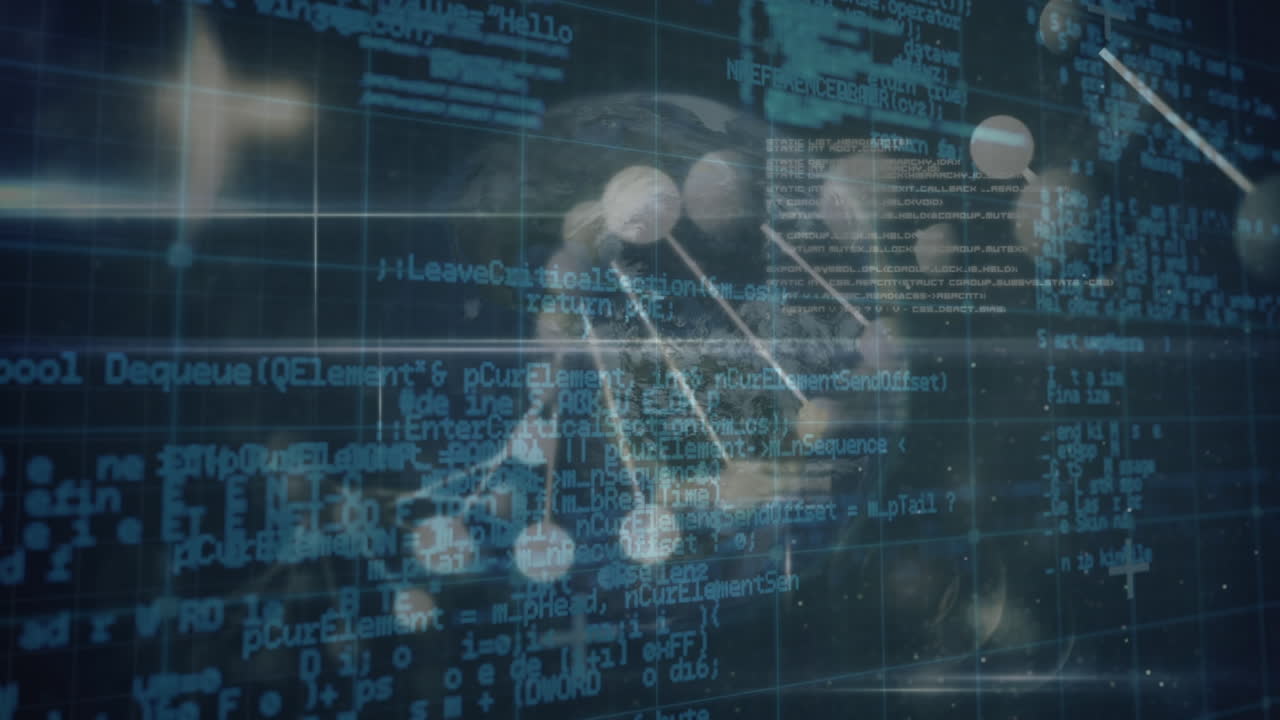 animación del procesamiento de datos, el globo y el adn en espacio azul y negro