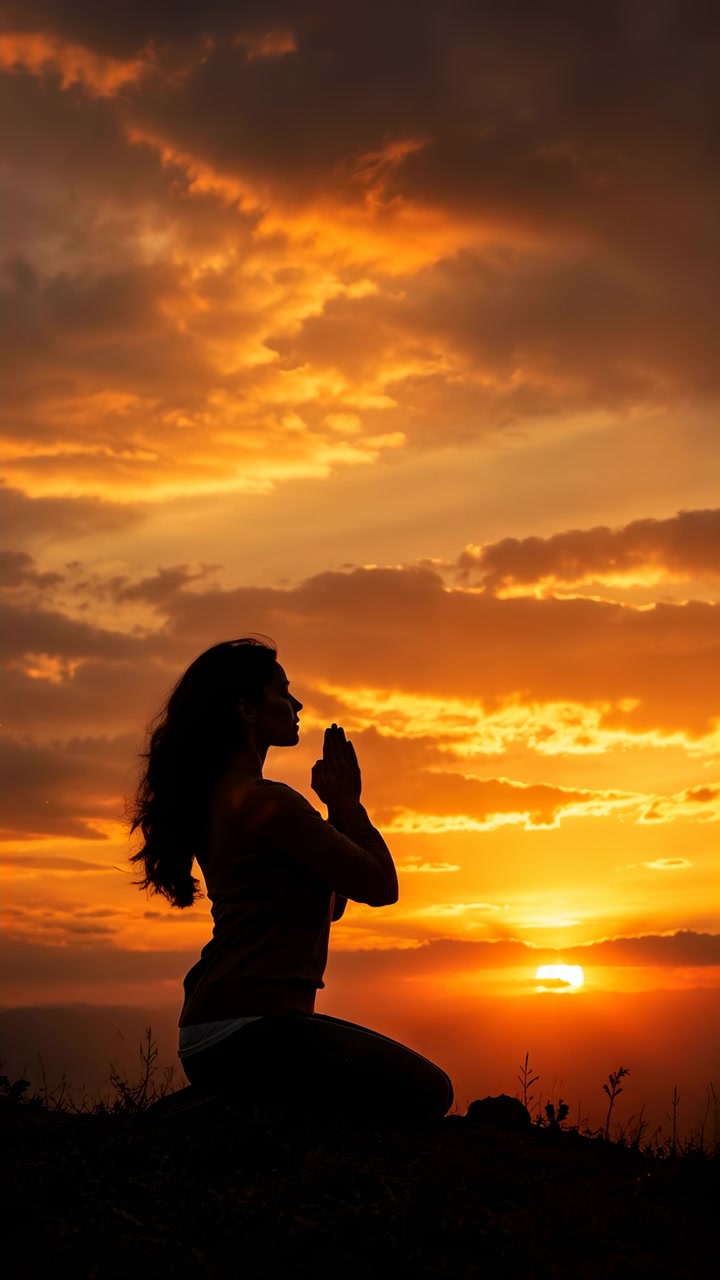 Silueta de mujer arrodillada con las manos juntas en oración en una ladera cubierta de hierba al atardecer, mirando hacia un horizonte distante con un cielo cálido y resplandeciente, nubes suaves y una atmósfera tranquila y contemplativa.