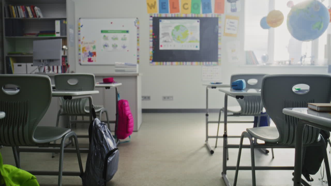 American Primary School Interior of Modern Empty Classroom with Desks for Students