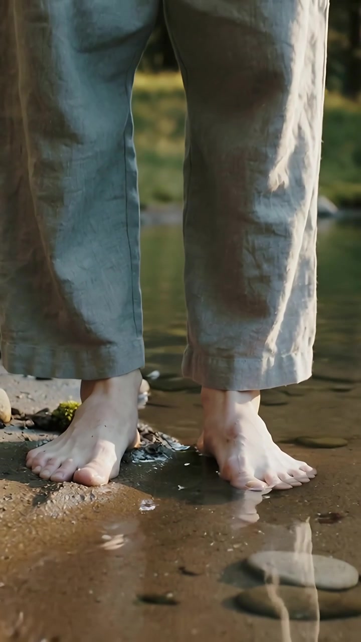 Vertical video: Touching wet sand, bare feet pressing into muddy riverbank, linen cuffs darkening