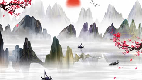 tranquil chinese ink landscape with misty mountains and boats