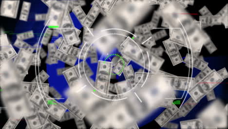 animation of banknotes and scope scanning over globe on black background