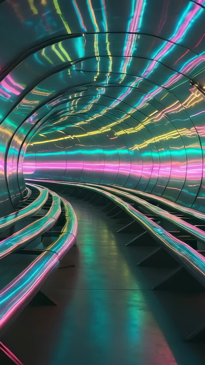 Vertical video: Starting camera drifting through neon-lit corridor, showing benches and LED ribbons