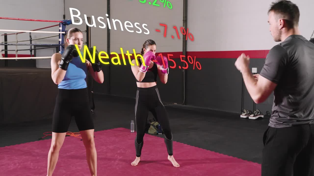 Coach shifting forward and gloved trainees jabbing as floating finance terms appear and change %