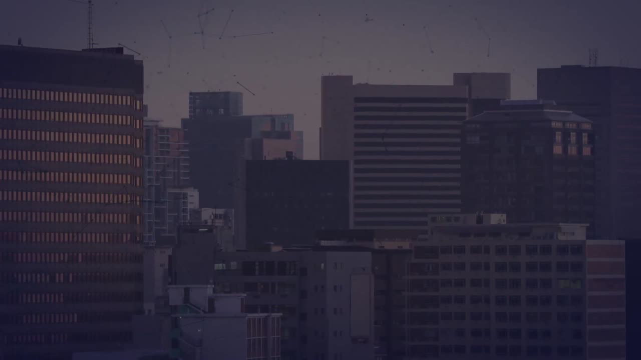 Animación de red de conexiones sobre paisaje urbano