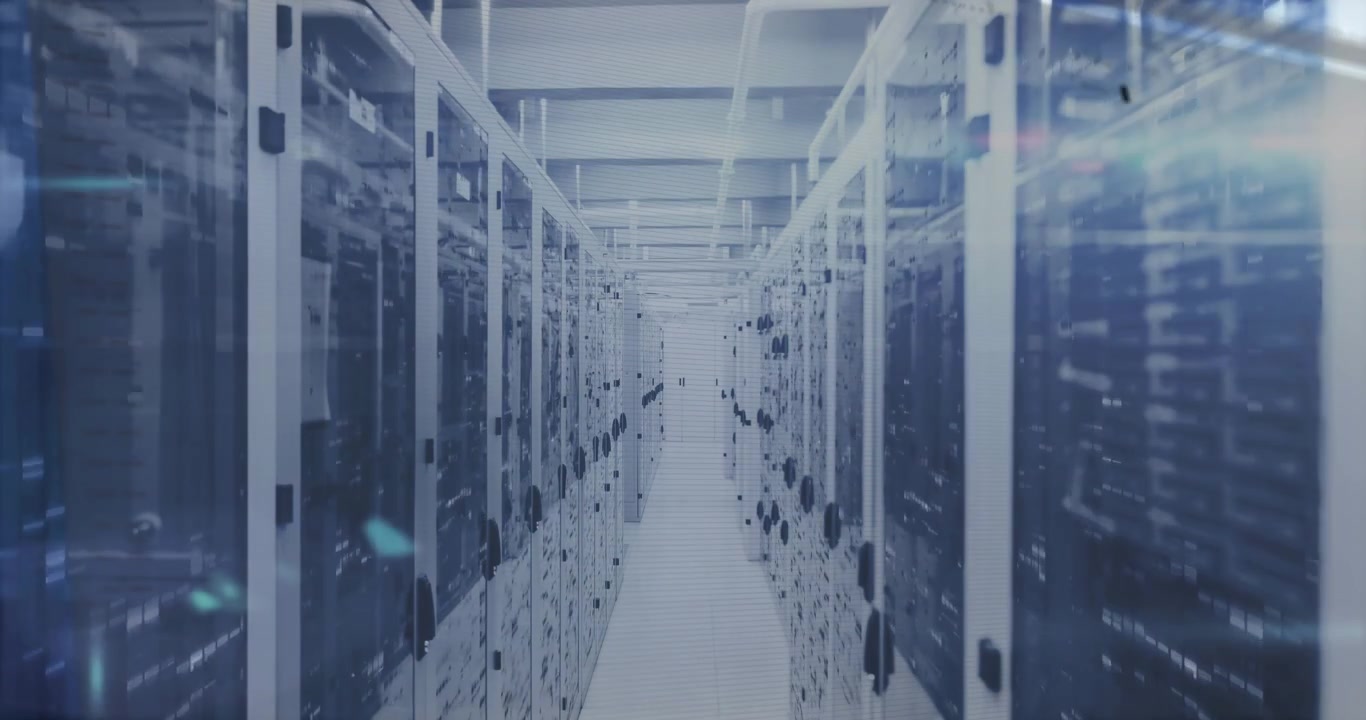 Digital Data Flowing Over Server Racks in a Modern Data Center