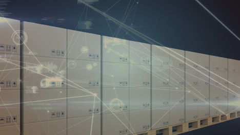 animation of network of connections over boxes on conveyor belts in warehouse