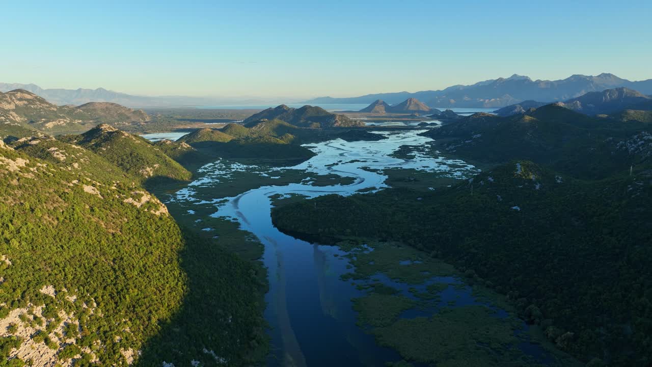 Drone shot of Lake Skadar on the border of Albania and Montenegro, Ramsar wetland, Panoramic view