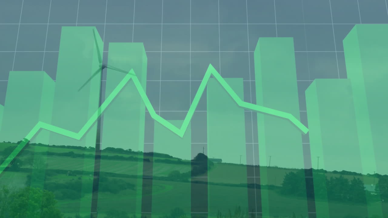 Green bar and line chart overlay visualizing renewable energy data across rolling farmland hills