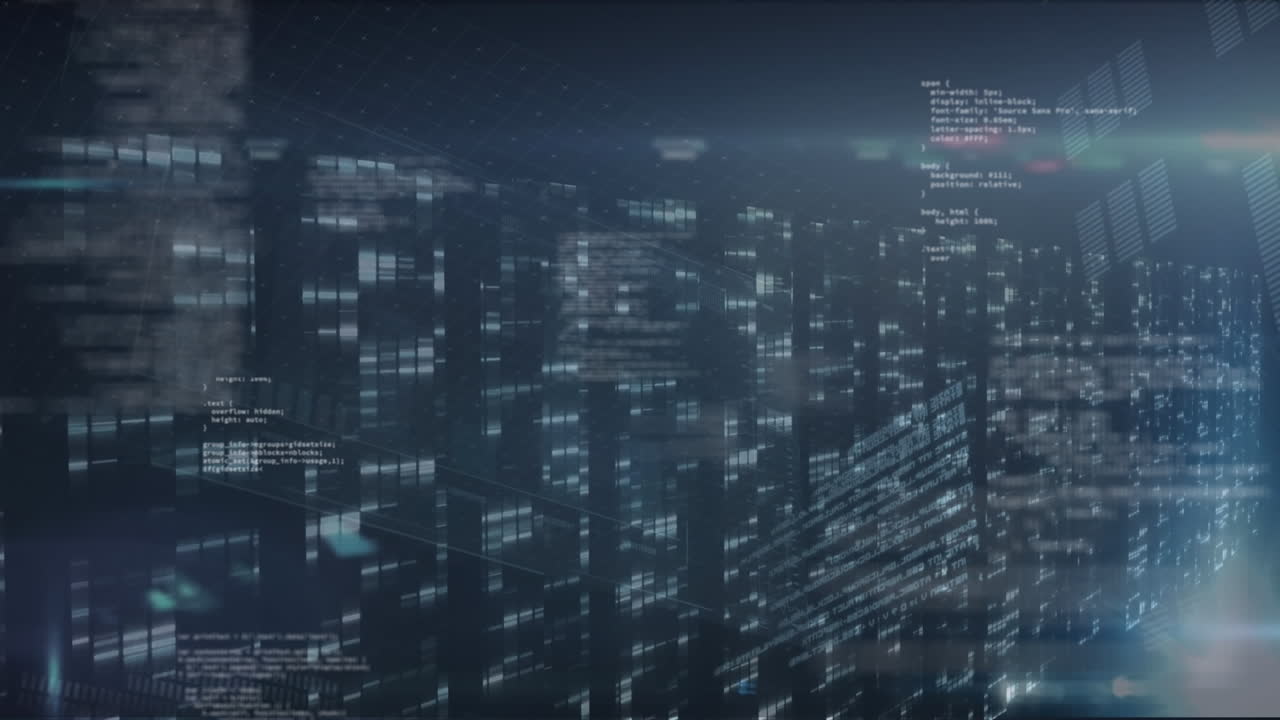 Animation of data processing and shapes over server room