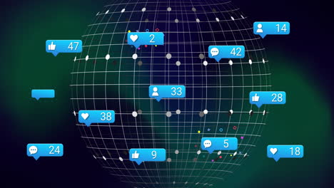 animation of social media icons with numbers and data processing over globe