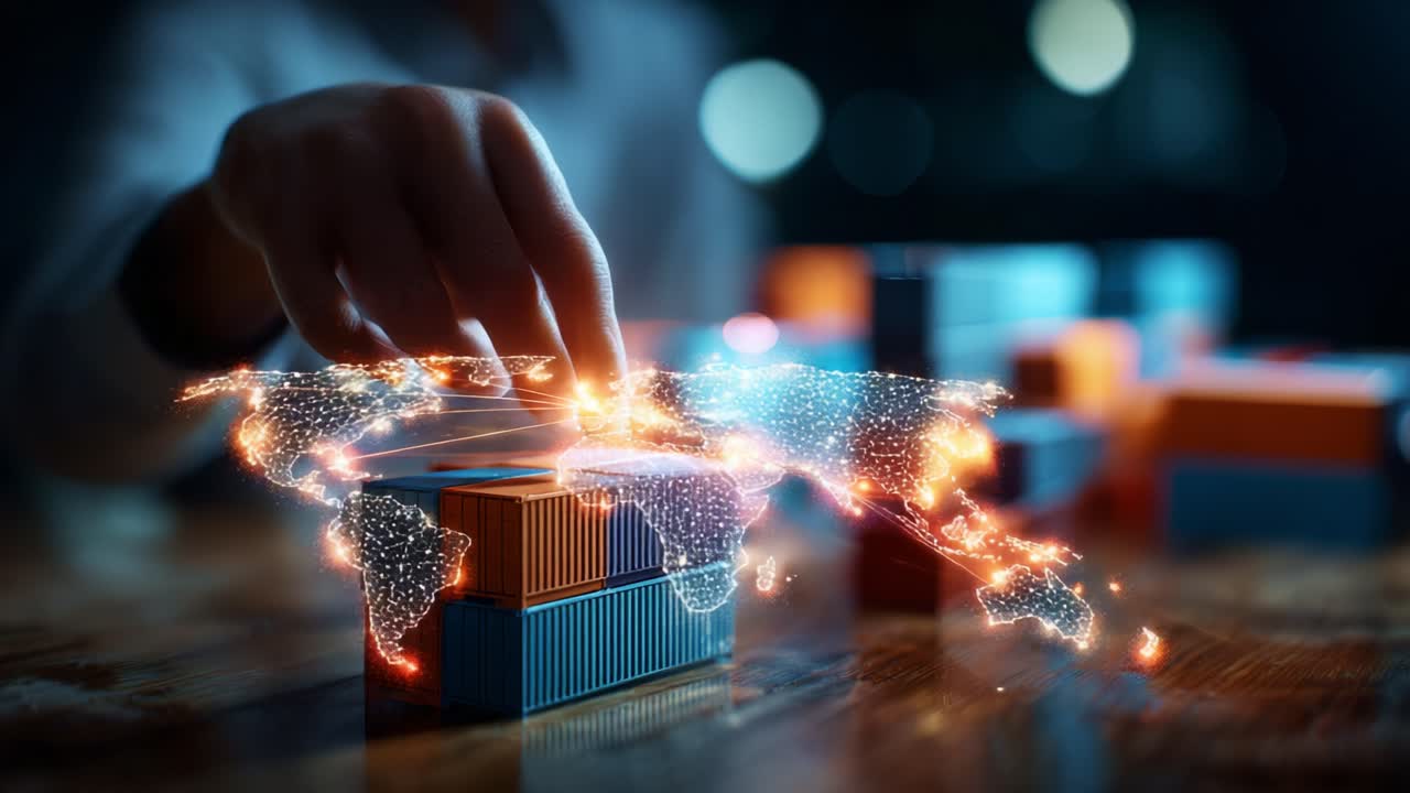 Innovative Connections: A Hand Assembles a Digital Map of Global Logistics, Representing the Integration of Technology and Supply Chain Management with Bright Illuminations