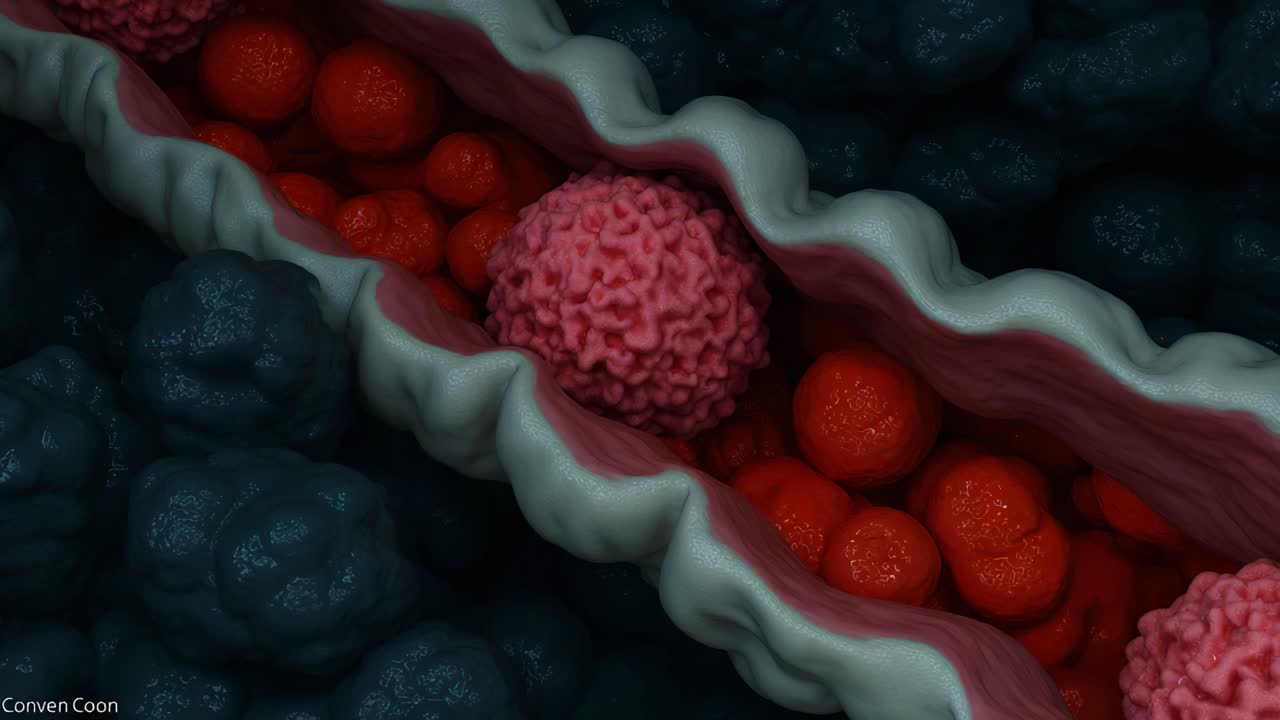 Intricate Microscopic View of Cellular Structures Highlighting Vital Processes of Cell Division and Interactions Between Red and Pink Cellular Entities in an Abstract Setting