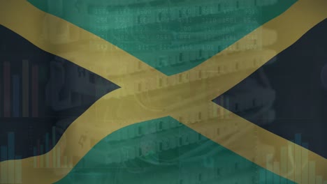 animation of texts and graphs over flag of jamaica against ethernet cables connected to modem
