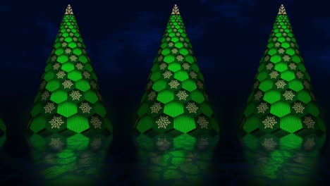 abstract animation of rotating virtual christmas trees moving forward with reflection. background for christmas and new years.