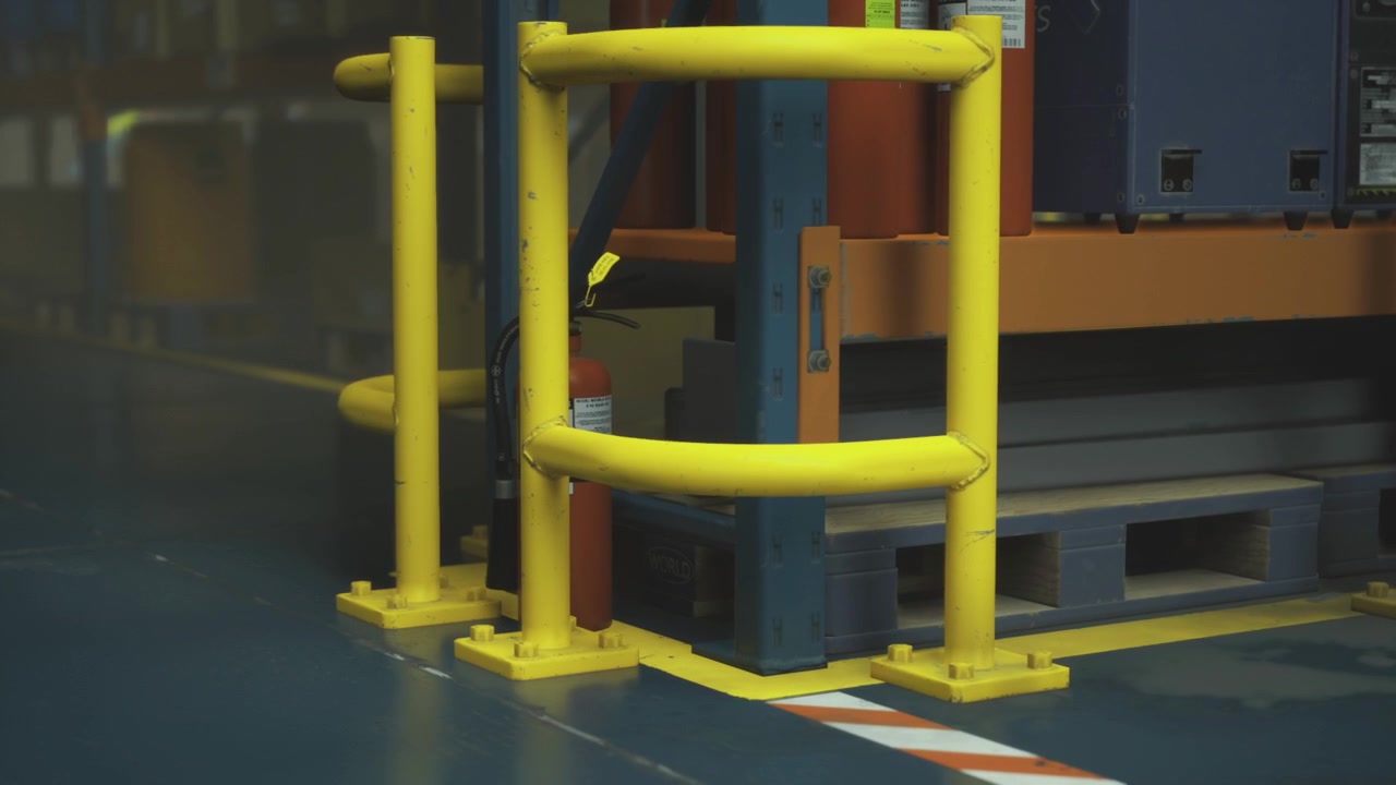 Safety barriers stand guard around machinery in a busy warehouse environment