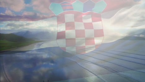 Composición-Digital-De-Ondear-La-Bandera-De-Croacia-Contra-La-Vista-Aérea-De-La-Playa