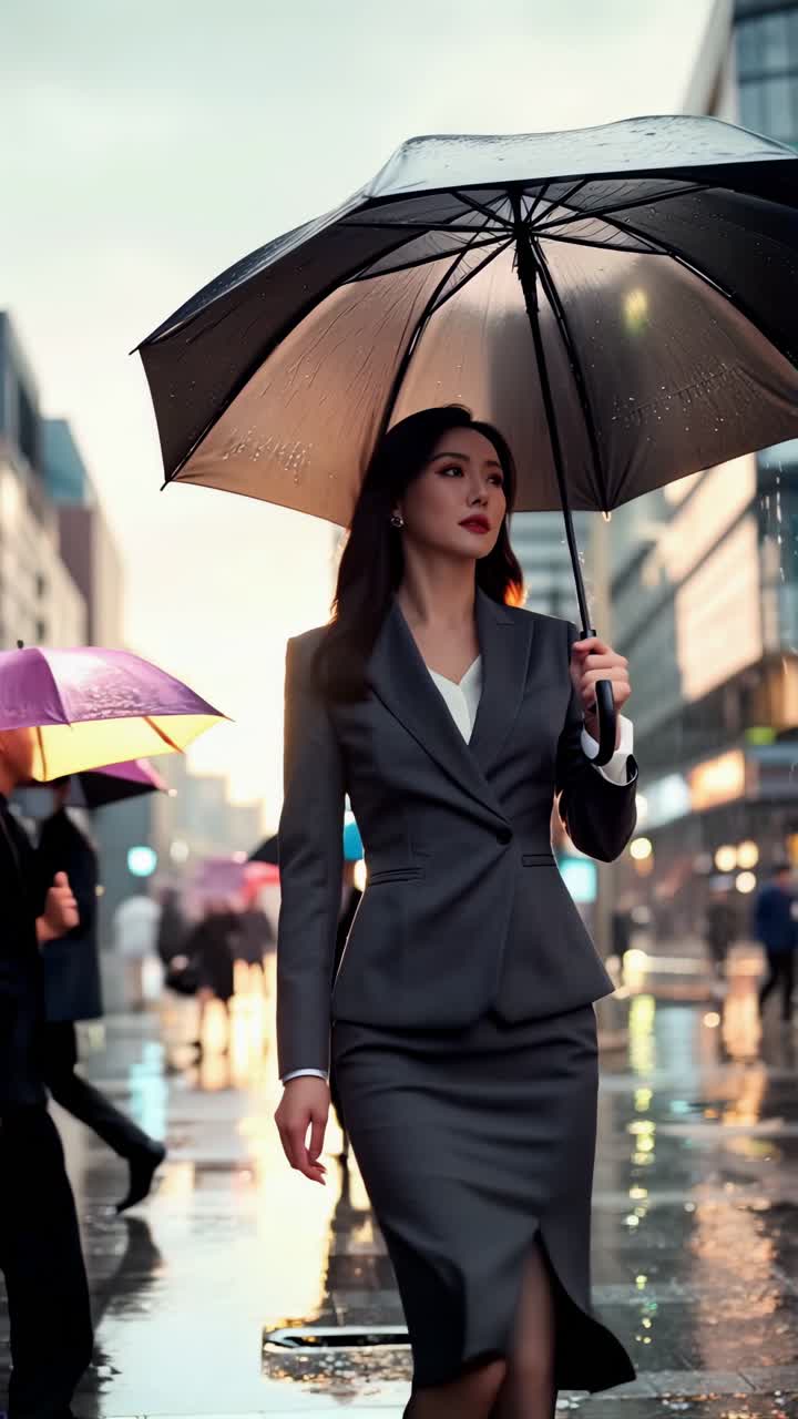 Scena di città piovosa con una professionista asiatica che va al lavoro