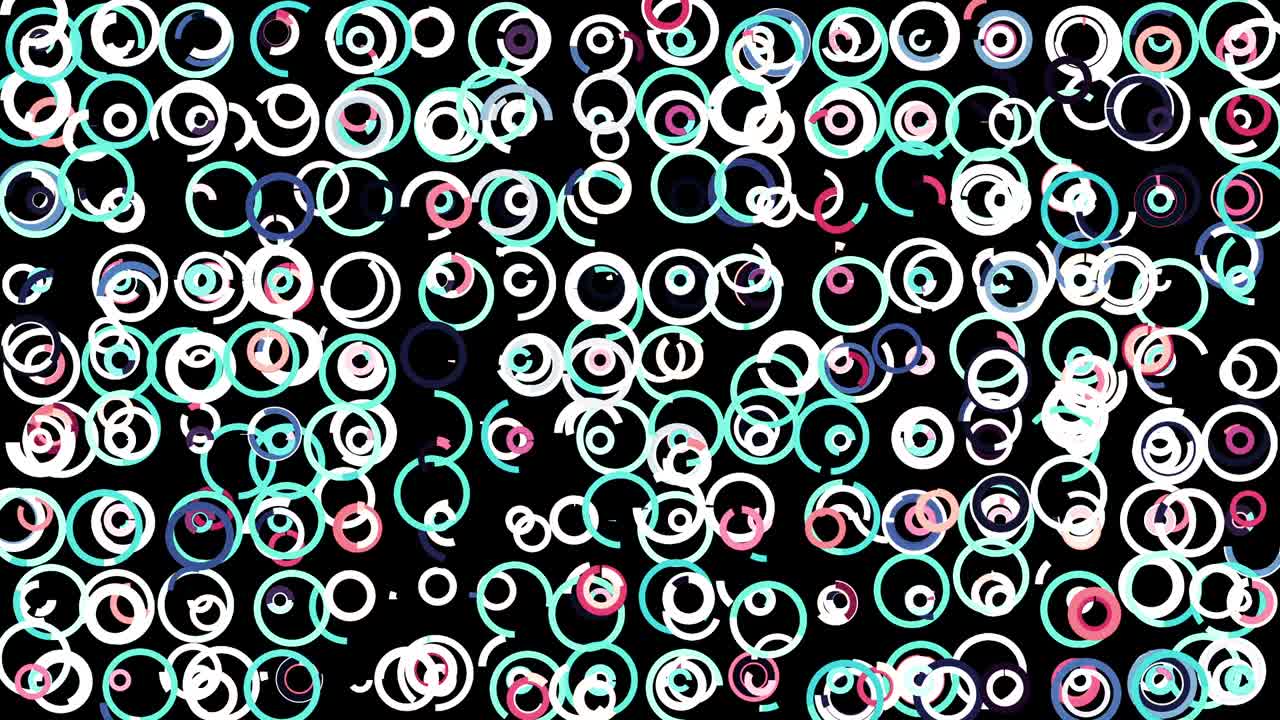 Abstract moving narrow lines forming many circles swaying on black background, seamless loop. Animation. Colorful round figures, rings spread chaotically.
