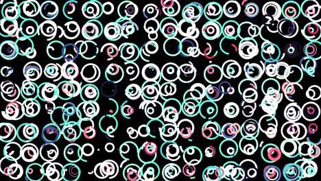 abstract moving narrow lines forming many circles swaying on black background, seamless loop. animation. colorful round figures, rings spread chaotically.