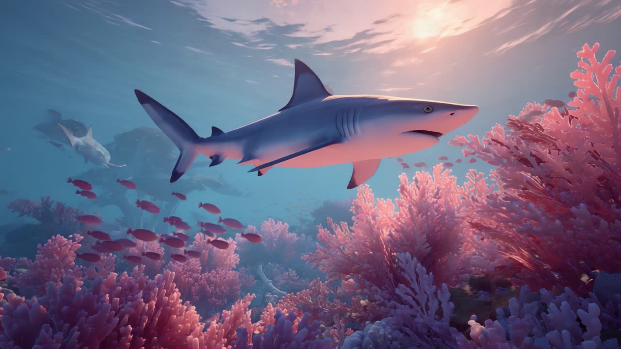 A Stunning Journey Through a Vibrant Underwater Landscape Featuring a Shark Navigating Colorful Coral Reefs and Schools of Fish in Crystal Clear Waters