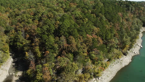 Lake-And-Lush-Forest-In-Eagle-Hollow-Cave,-Arkansas,-USA---Aerial-Shot