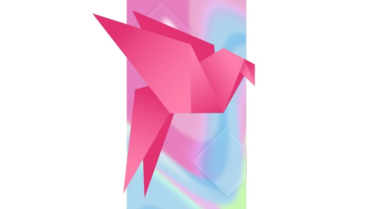 Animazione di uccello origami rosa con spirali pastello su schermo verticale, su sfondo bianco.