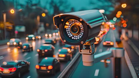 security camera overlooking city street at night