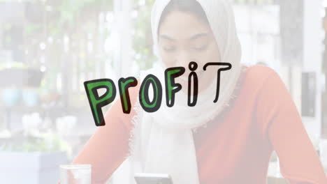 using smartphone with animation, person in hijab checking school notifications