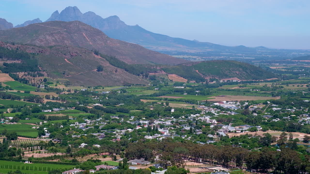 Franschhoek historic country town nestled in wine valley, view from pass