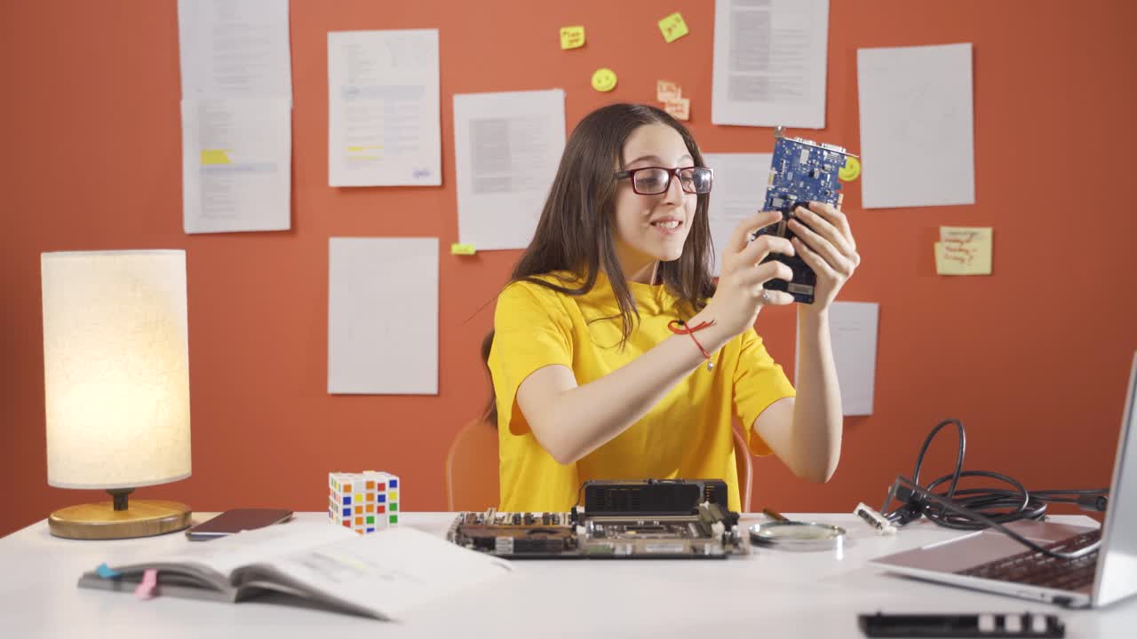 niña inteligente y feliz trabajando con materiales tecnológicos.