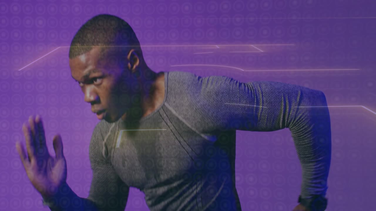 Camera pulling back revealing athlete sprinting sports drill, neon field overlay tracking motion
