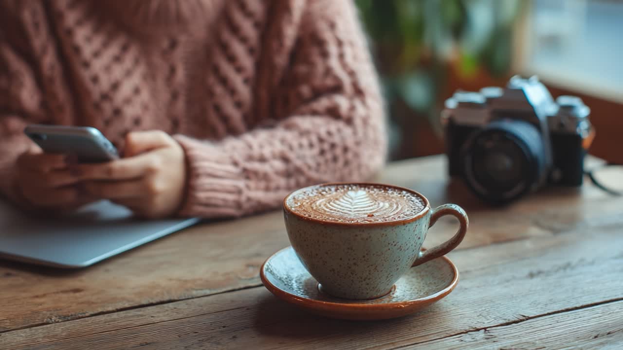 A Cozy Coffee Moment: Indulging in a Warm Cup of Coffee While Engaging with a Smartphone in a Comfortable Setting