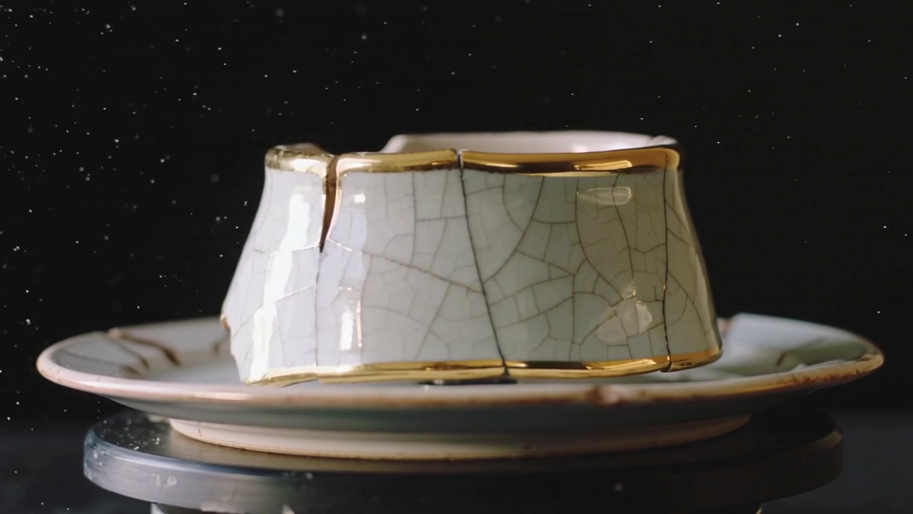 Plataforma giratória motorizada girando levantando xícara de chá de cerâmica quebrada em estúdio, revelando as emendas douradas de kintsugi