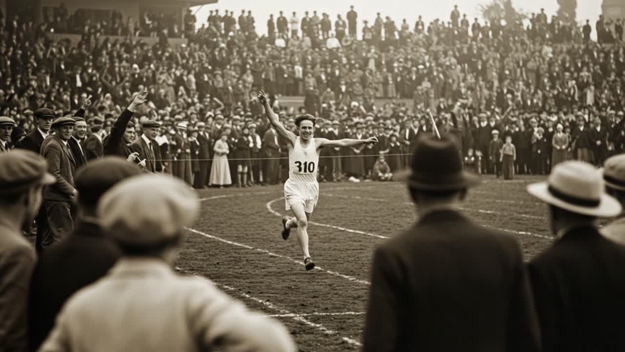 Historic Race Finish: Celebrating a Moment of Triumph as a Runner Takes Victory in Front of a Crowded Stadium Full of Eager Spectators and Enthusiastic Fans