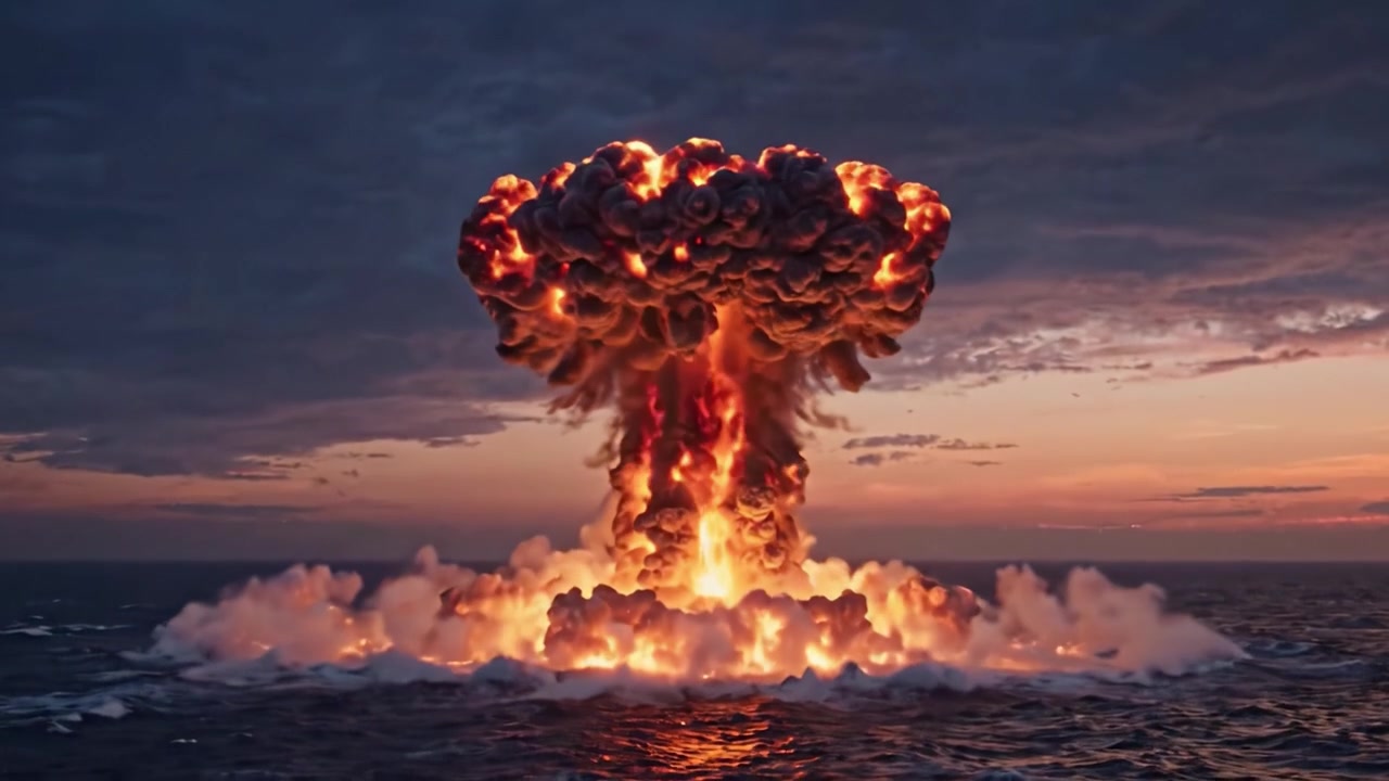 Dramatisk visualisering af en undervandseksplosion, der udvikler sig til en kraftig paddehattesky ved solnedgang, og fanger naturens rå energi og destruktive kræfter.