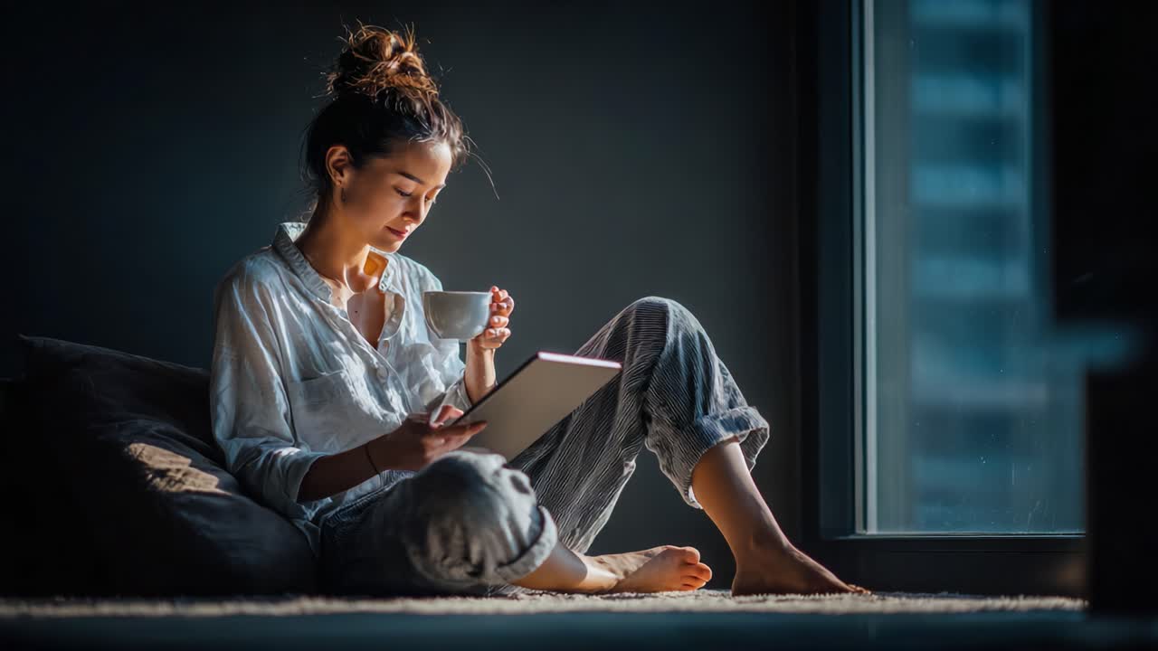 Un momento di serenità: una giovane donna si gode una tranquilla mattinata con una tazza di caffè e un tablet, immersa nella calma del suo ambiente accogliente