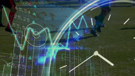 animación de gráficos, relojes, números y mapas sobre la sección baja de los oponentes de fútbol que juegan en el suelo.