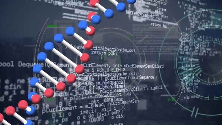 Animation of dna structure spinning and scope scanning over data processing against grey background
