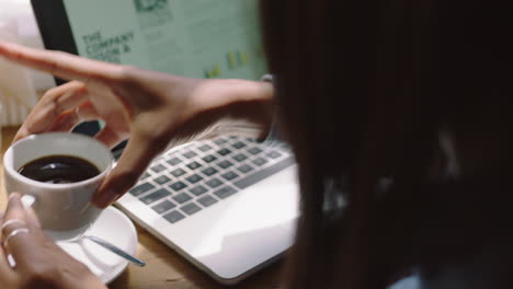 Afroamerikanische-Geschäftsfrau-Benutzt-Laptop-Computer-Im-Café,-Trinkt-Kaffee-Und-Tippt-Dokumente,-Arbeitet-Online-Und-Sendet-E-Mail-Nachrichten.-Unabhängige-Unternehmerin-Genießt-Networking-Zu-Hause-Aus-Nächster-Nähe