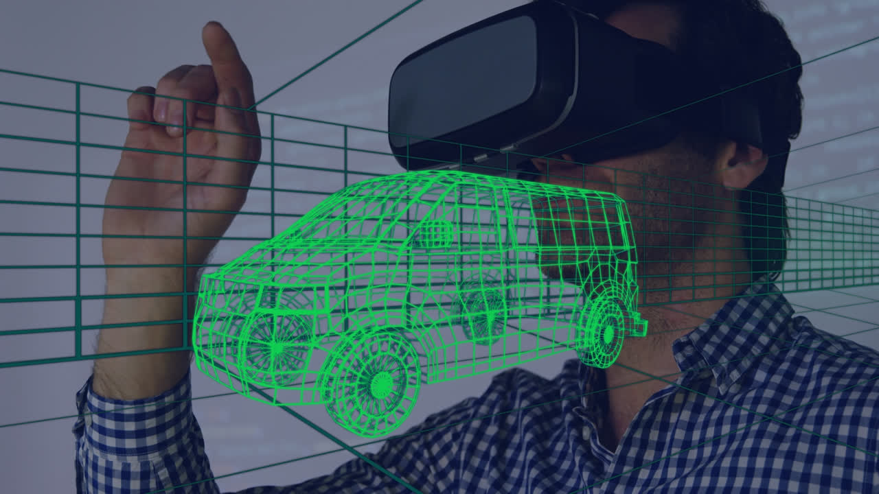 animación de dibujo 3d digital de un coche sobre un hombre usando auriculares vr