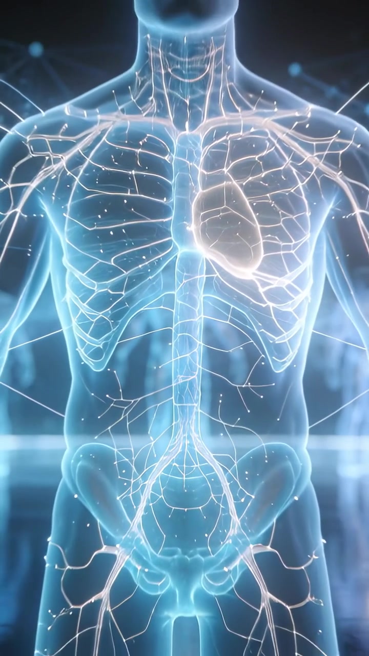 Video verticale: Modello anatomico pulsante che si muove con nodi luminosi in un ambiente digitale, rivelando il cuore.