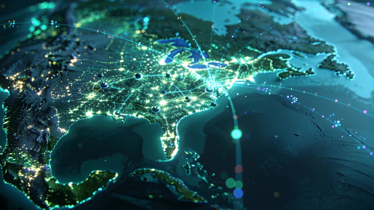 Signal activating globe indicating connecting arcs and pulsing nodes over eastern North America