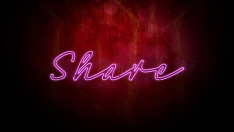 animation of pink neon style word share flickering on dark red background