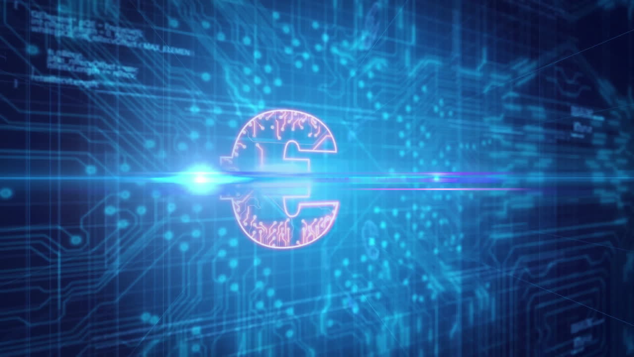 Glowing digital currency symbol over animation of futuristic blue technology grid