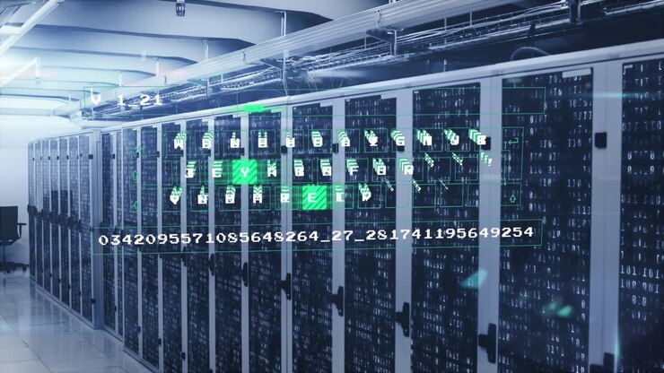 Animation of data processing against mosaic squares over computer server room