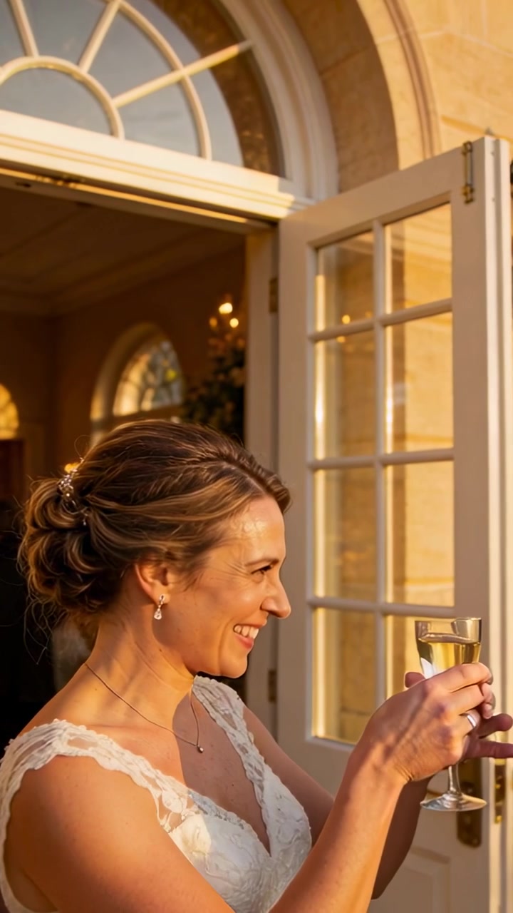 Video verticale: Sposa sorridente in abito nella sala che raggiunge la maniglia, aprendo le porte finestre per salutare gli ospiti.