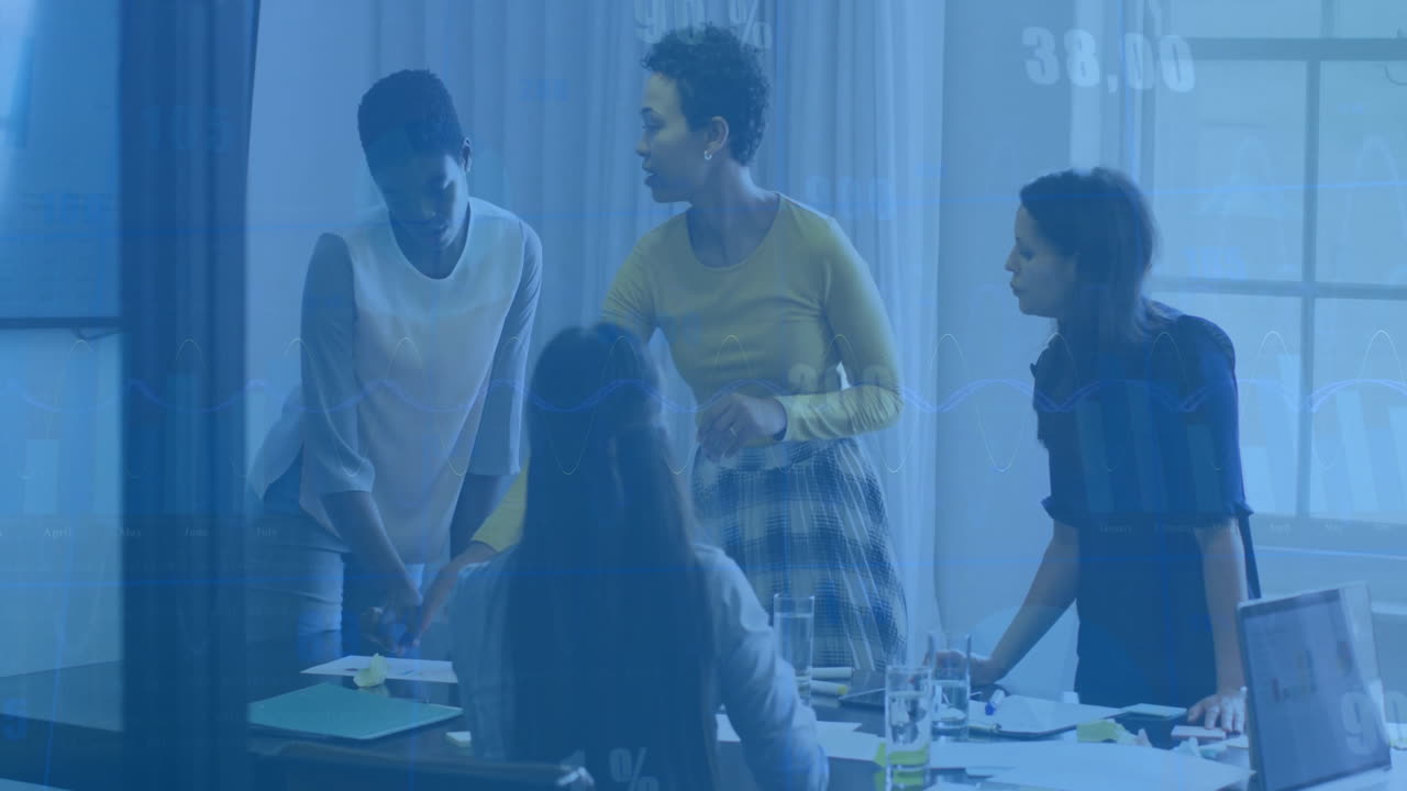 Animation of financial data processing over diverse business people in office