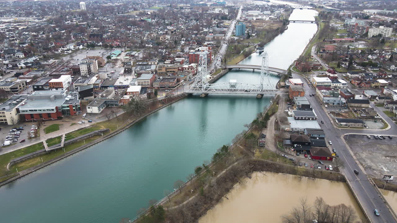 Bridges Spanning Welland Recreational Waterway In Welland, Niagara Region, Canada. aerial shot